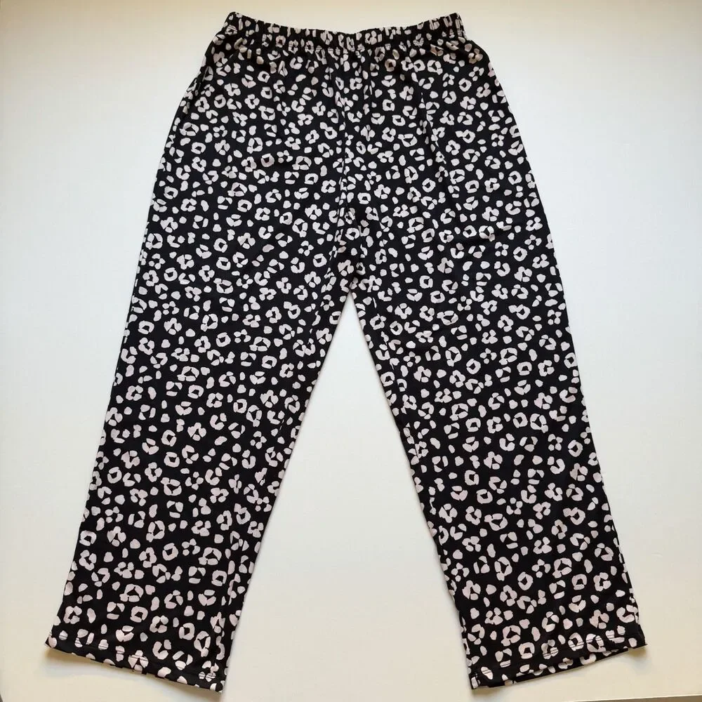 Kate Spade NY Pajama Set XL Black Pink Leopard Print 2 Pc Long Sleeve